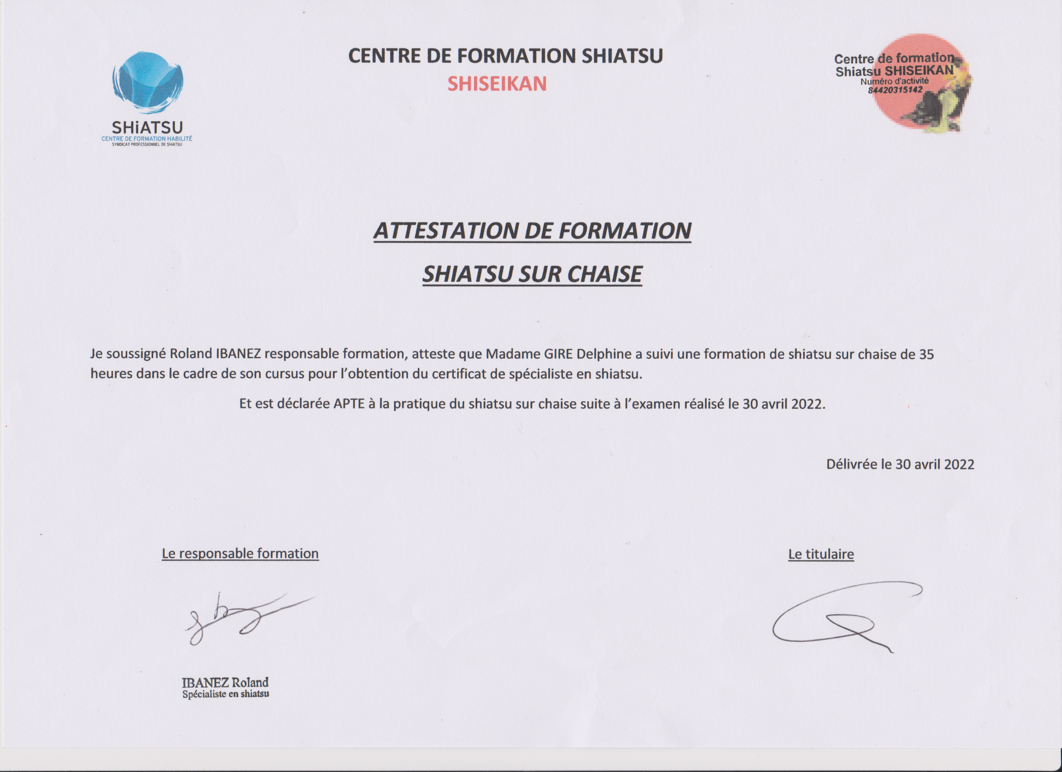 Attestation formation sur chaise